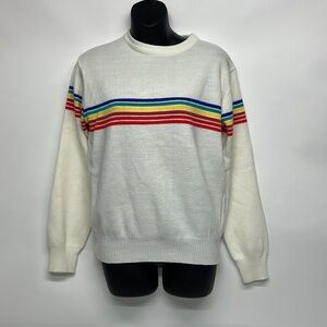 Women’s vintage size large White Sweater with Stripes rainbow 100% acrylic